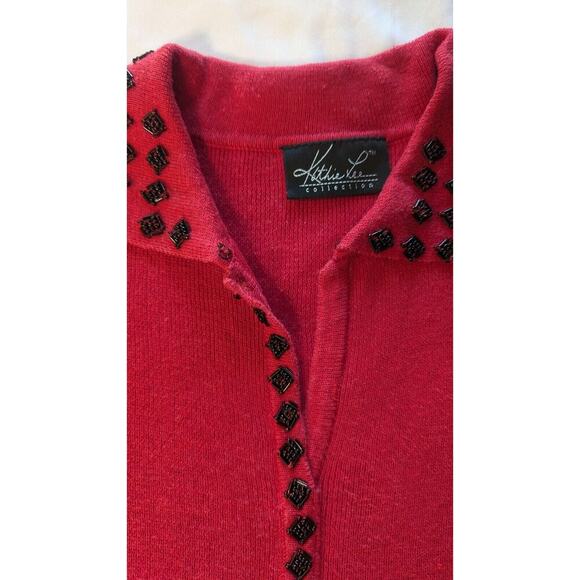Vintage Kathie Lee Collection Ladies Winter Beaded Faux Cardigan Red/Black Med - Picture 4 of 7